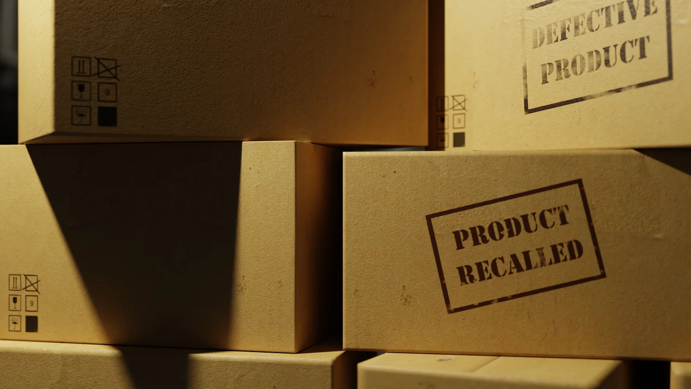 Close up of a pile of cardboard boxes. They have been stamped "Defective Product" and "Product Recalled"
